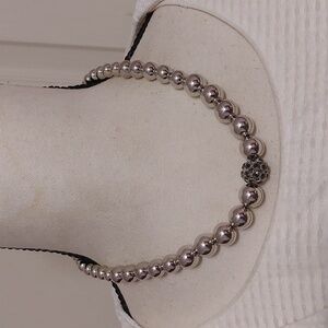 Silver Tone Graduated Ball Bead Necklace with Prong Set Rhinestone Ball Center